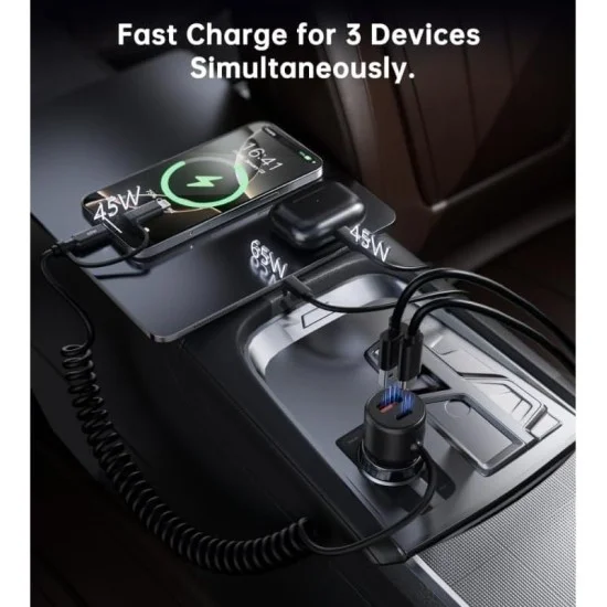 Choetech PD65W USB-C+USB-A Fast Car Charger with Coiled Cable - Black